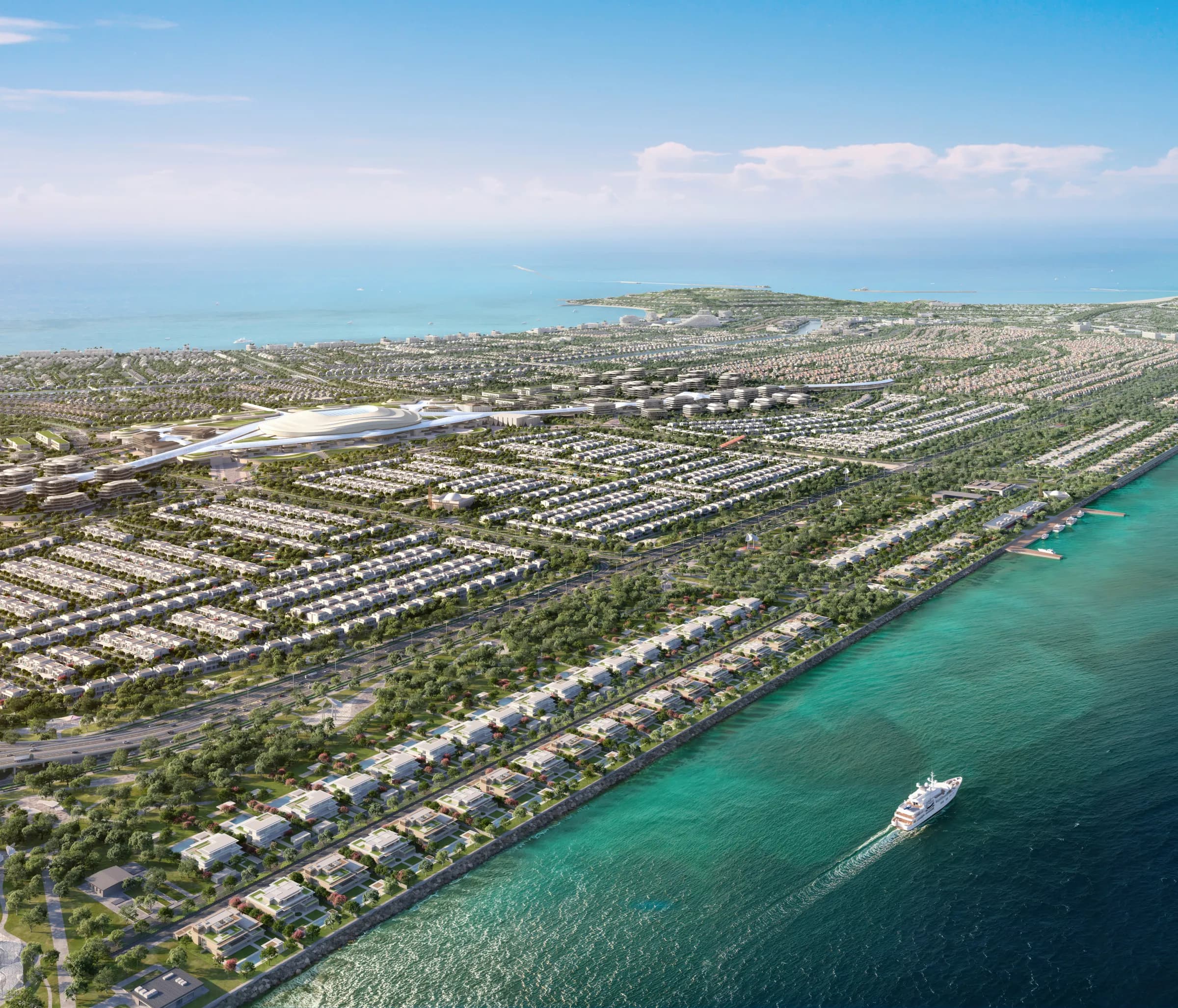 Aerial view of the Hudayriyat Island waterfront and villa neighbourhoods