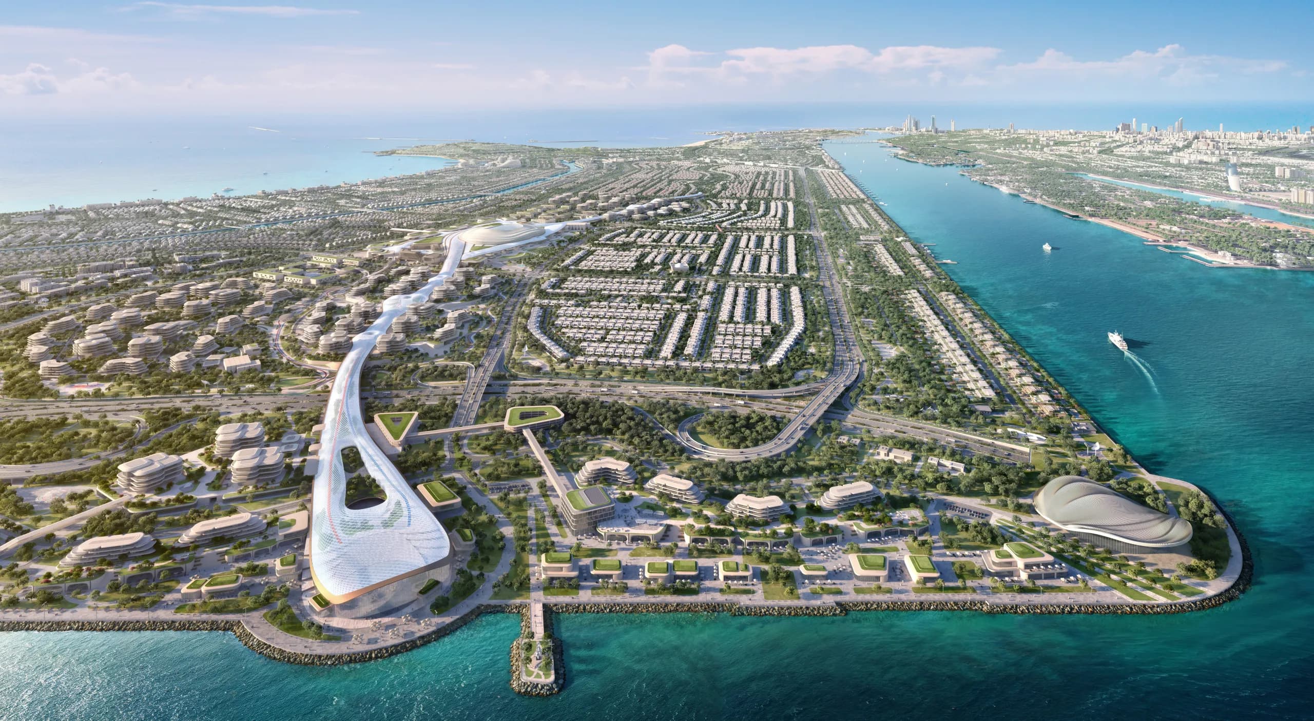 Aerial view of the Hudayriyat Island master community with Wadeem Gardens, the spine and the waterfront
