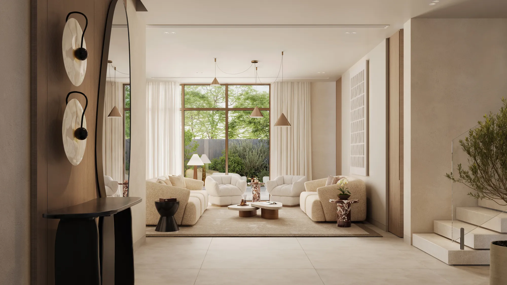 Entrance hall in warm neutrals with sculptural wall lights, a curved mirror and a view to the garden