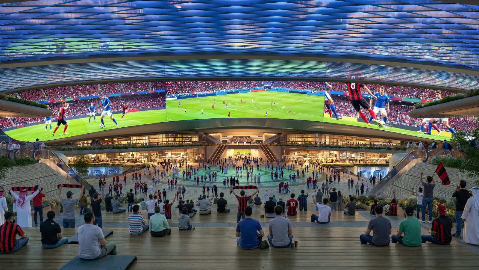 Spectators in the arena around a football pitch