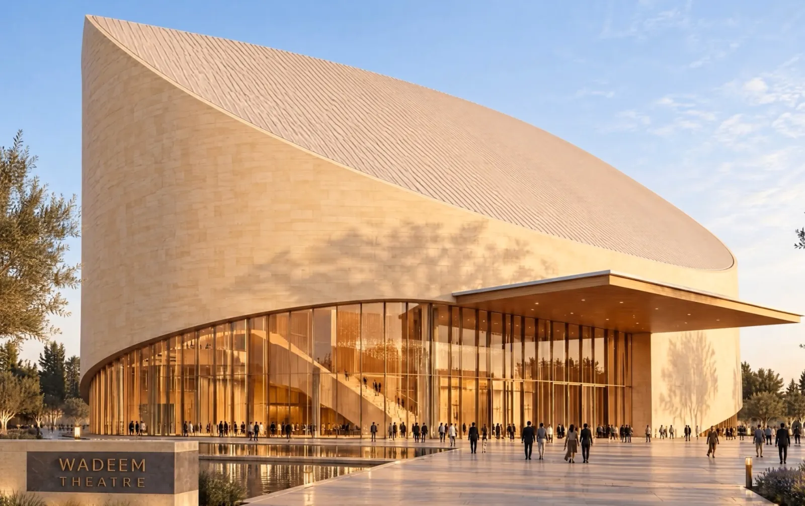 A curved, sail-like cultural building with a glazed ground floor