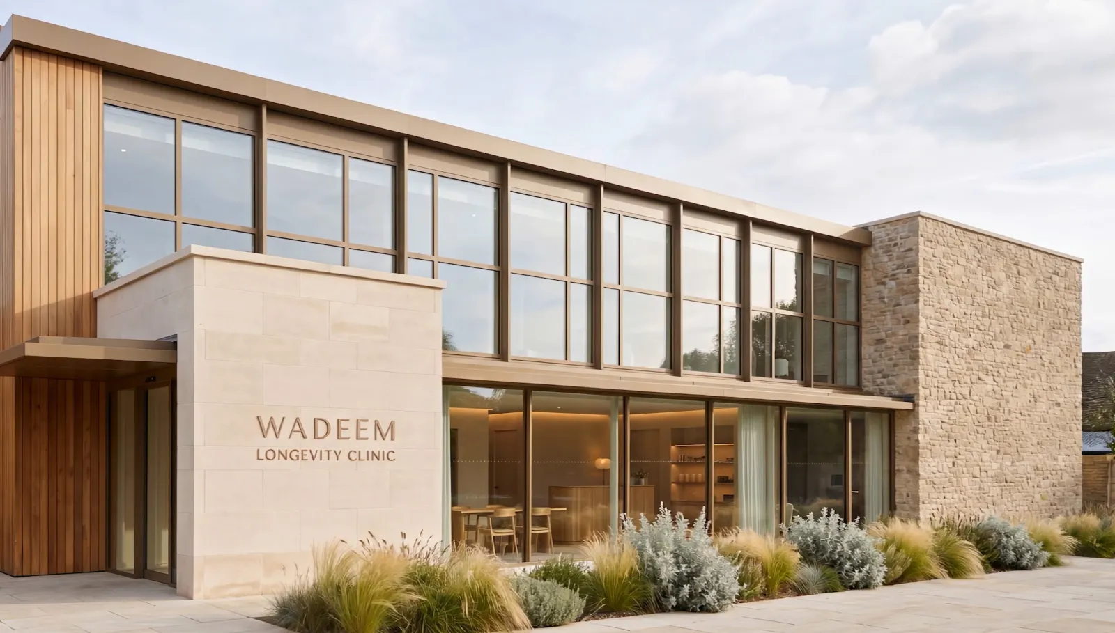 A stone and glass clinic building set in planted gardens