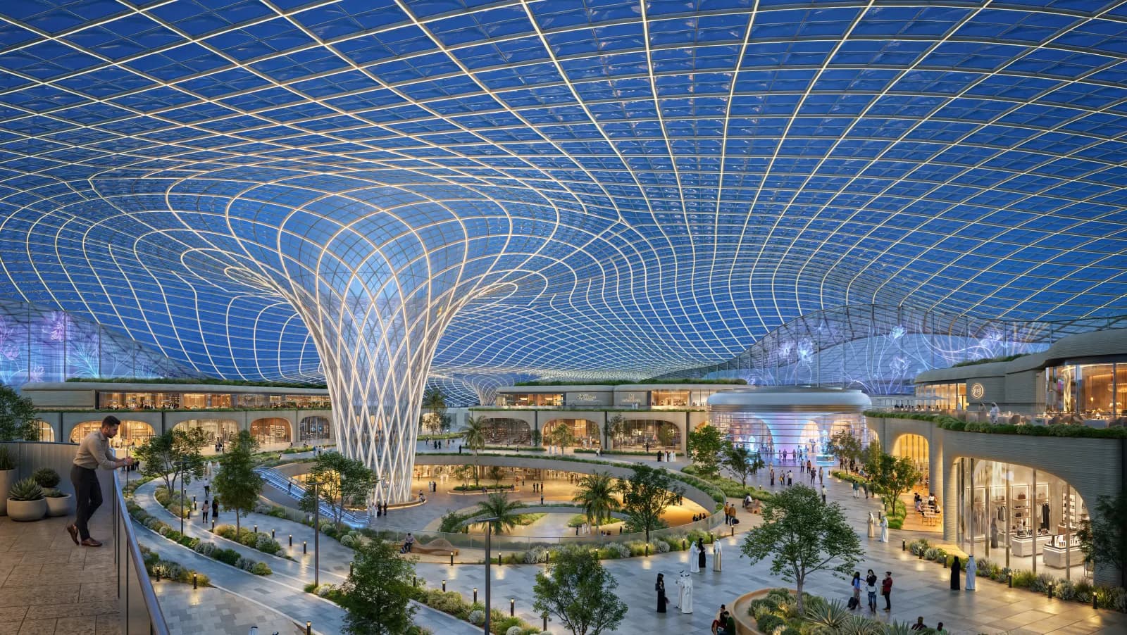 The spine: a tall lattice canopy over landscaped walkways, terraces and shopfronts