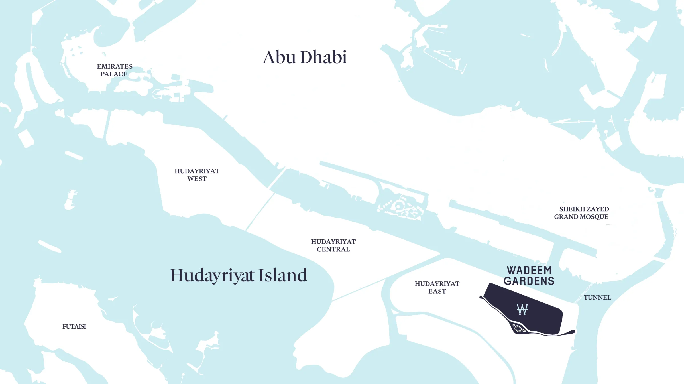 Developer map of Abu Dhabi marking Wadeem Gardens in the east of Hudayriyat Island, near the tunnel and the Sheikh Zayed Grand Mosque