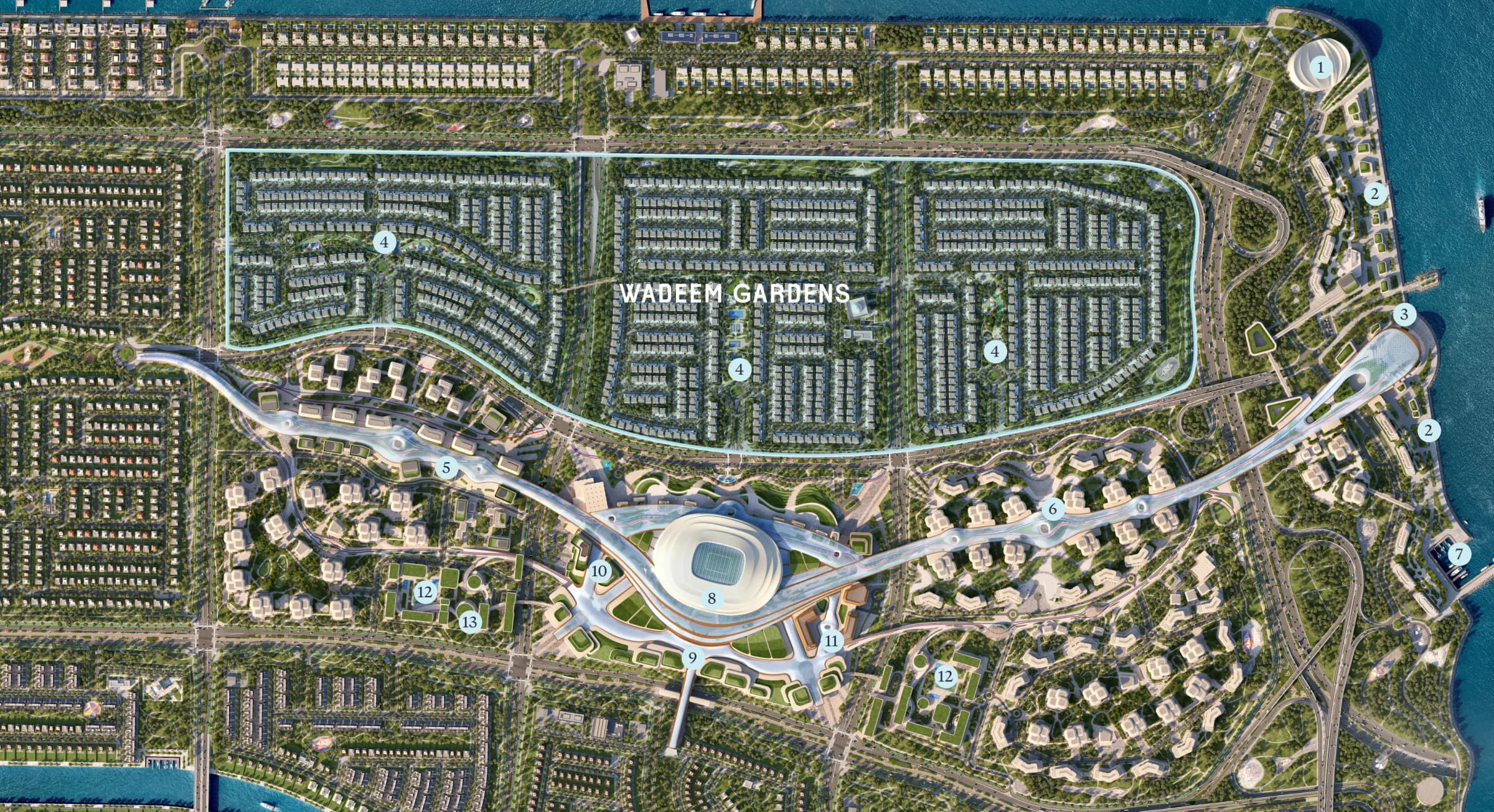 Aerial masterplan: the outlined Wadeem Gardens villa neighbourhood, the spine curving past the sports arena, and the waterfront, with destinations numbered 1 to 13