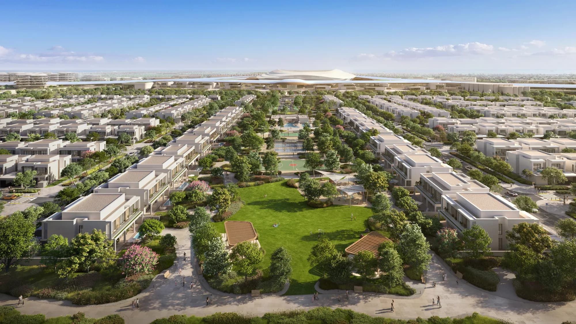Aerial view of Wadeem Gardens: rows of villas around a central park