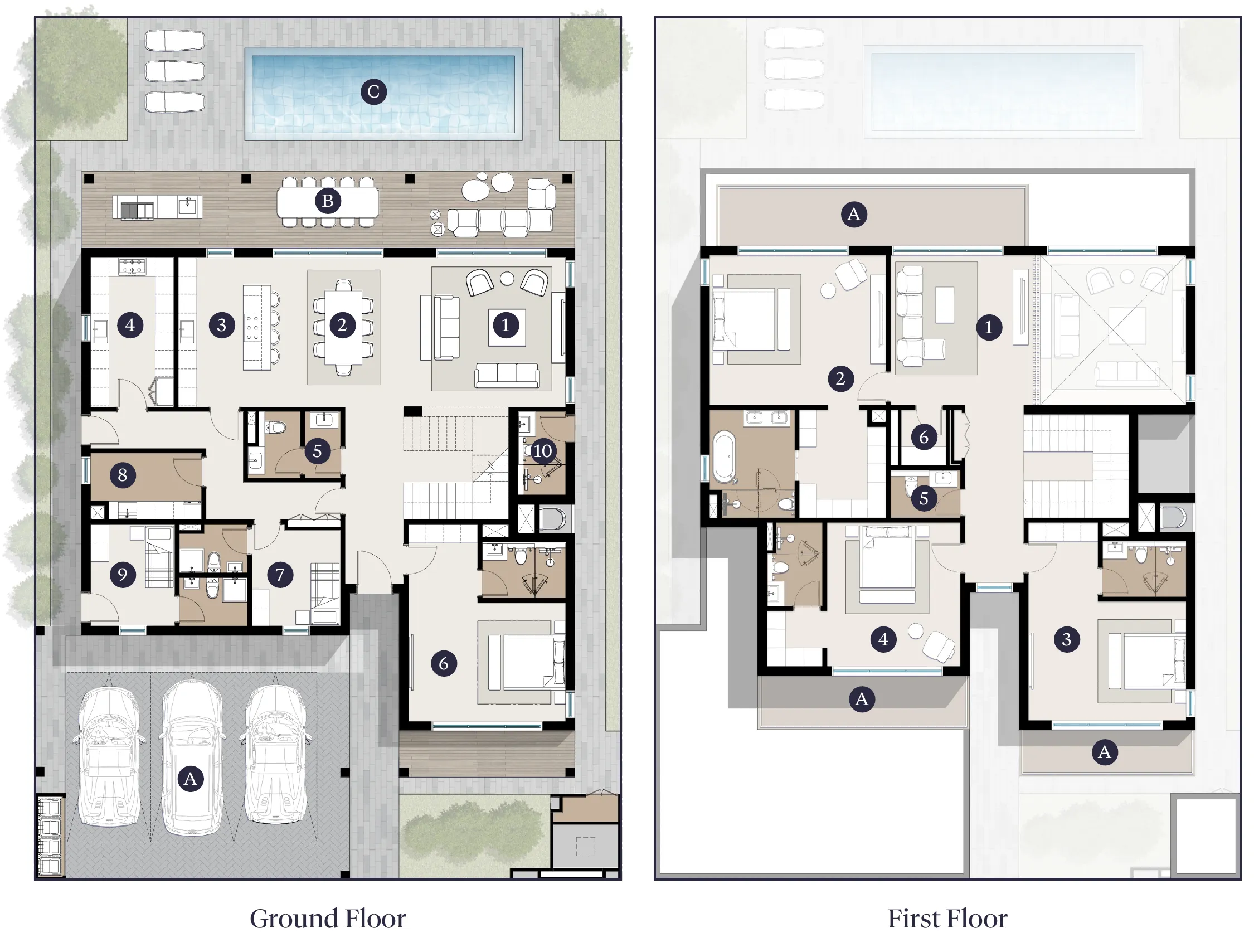 4-bedroom villa, floor plan option A: ground floor and first floor