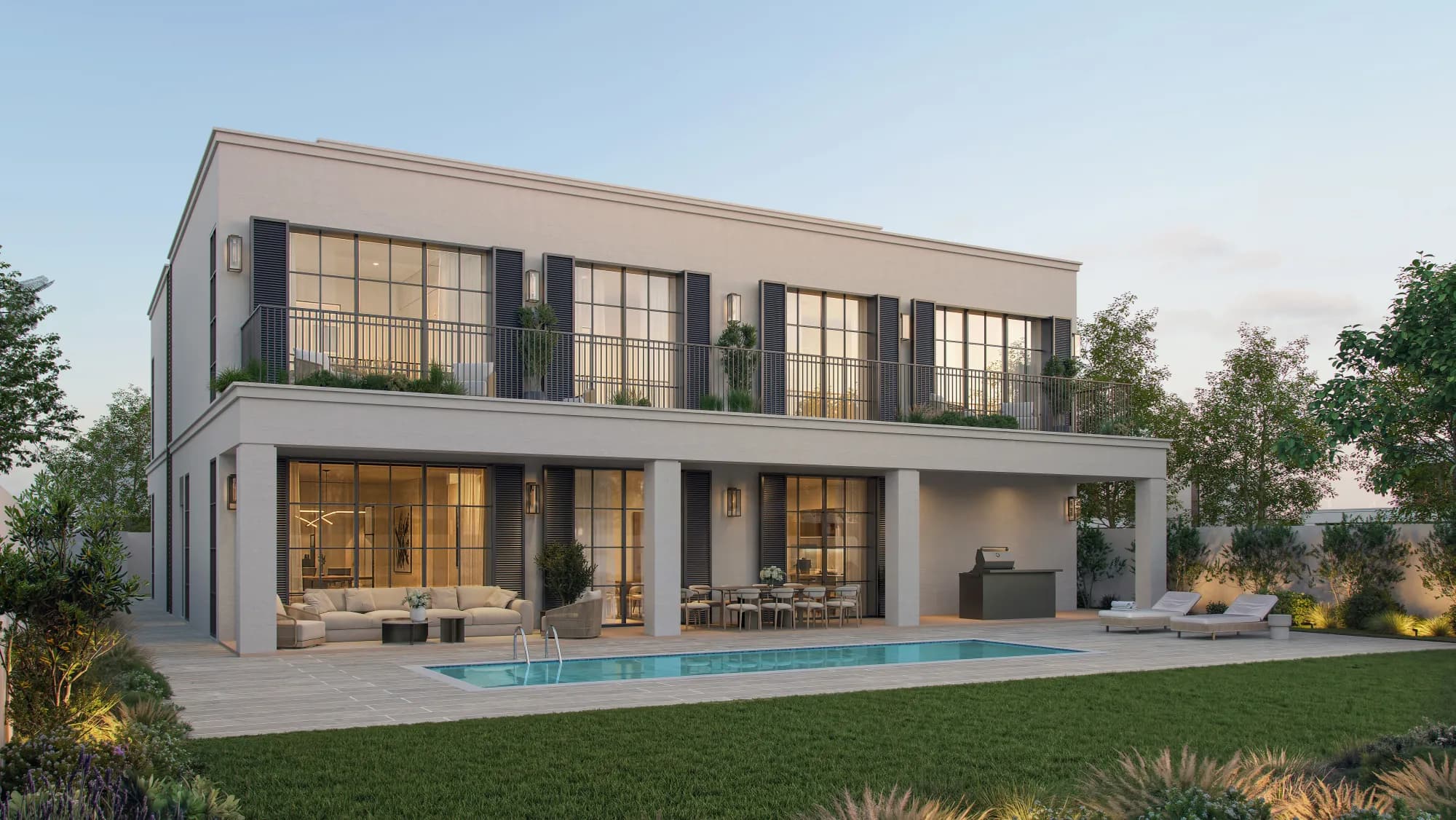 Modern 6-bedroom villa from the garden: a two-storey home with a covered terrace and a pool
